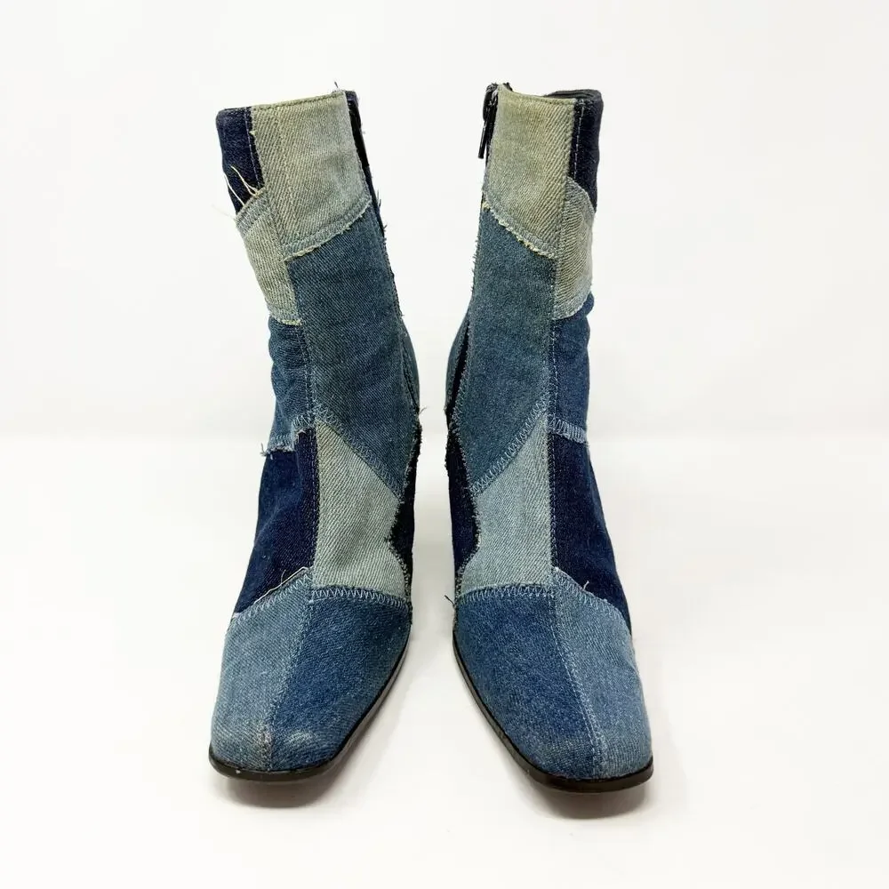 Vintage Y2K Mootsies Tootsies Blue Denim Patchwork High Heel Booties Size 7 VGUC